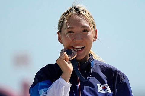 Women's Modern Pentathlon: South Korea Sung Seung-min celebrates winning bronze